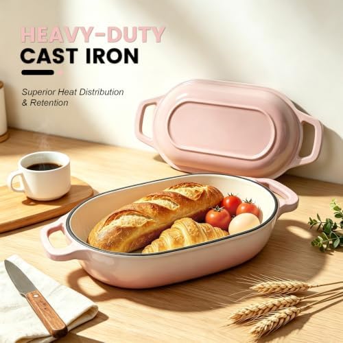 Oval Cast Iron Dutch Oven, Sourdough Bread Baking Pan with Lid, Pink