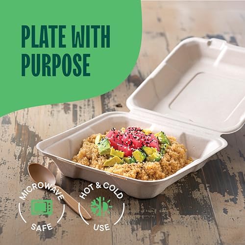 100% Compostable Clamshell Take Out Containers - 8x8 [100-Pack] Heavy Duty