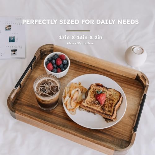 Upper Acacia Wood Ottoman Tray 17x13 Inches with Handles, Decorative Serving Tray for Coffee Table, Breakfast Tray with Anti-Skid Pads (Black Handle 01)