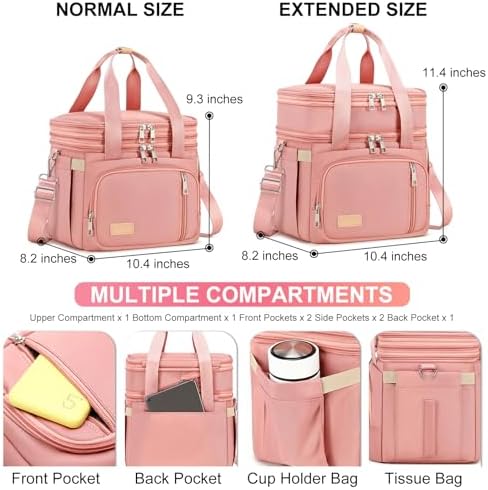 MAPLELILY Lunch Box for Men Women - Double Deck Insulated Lunch Bag, Large Leak Proof Tote Cooler, Wide Open Dual Compartment Lunch Bags with Shoulder Strap, For Work Picnic Hiking Beach, Pink