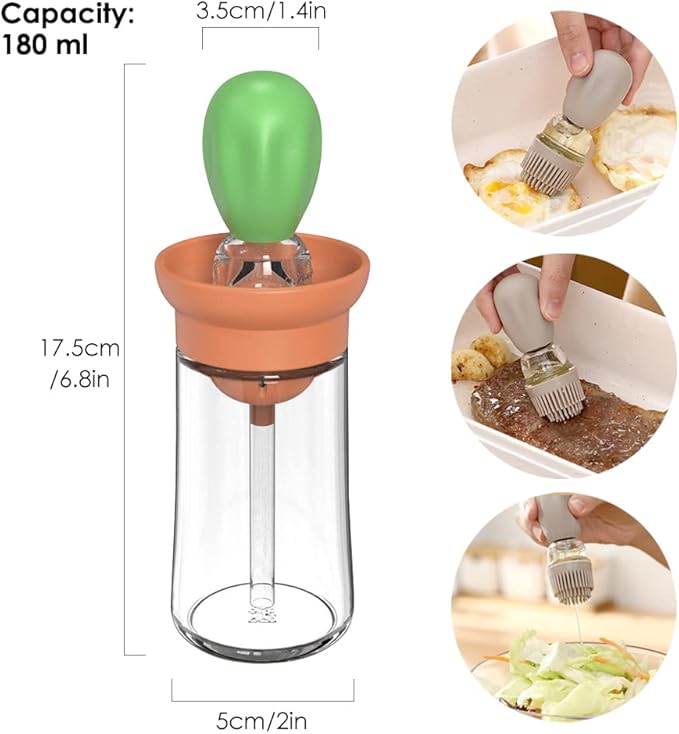 TINMIX Oil Dispenser with Brush - 2 Pack Glass Olive Oil Dispenser Bottle with Basting Brush for Cooking Frying Baking Kitchen 180ml, T-OB21 Blue+Green