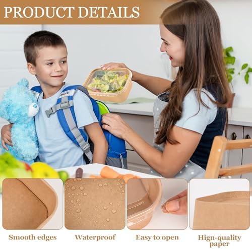 50 Pack Disposable Meal Prep Containers, 29oz Disposable Large Paper Bowls with Lids and Forks for Salad, Noodles, Freezer and Microwavable Storage Use Cardboard Food Containers