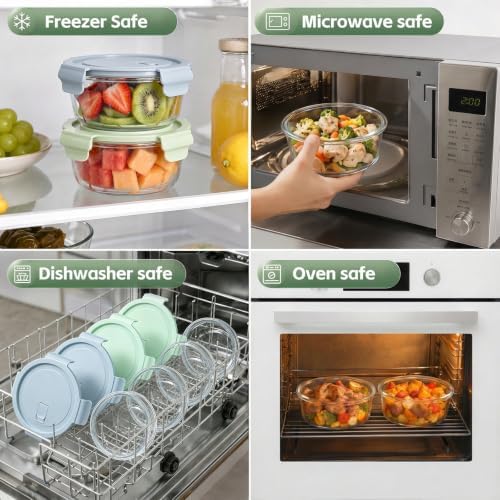 4 PACK 22oz Glass Meal Prep Containers, Glass Food Storage Containers with Airtight Lids, Leak Proof, Easy to Clean, Microwave, Dishwasher, Oven, and Freezer Safe