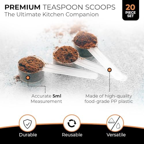 20 Pack Teaspoon Measuring Spoons, 1 Tsp (5 mL) Plastic Creatine Scoops