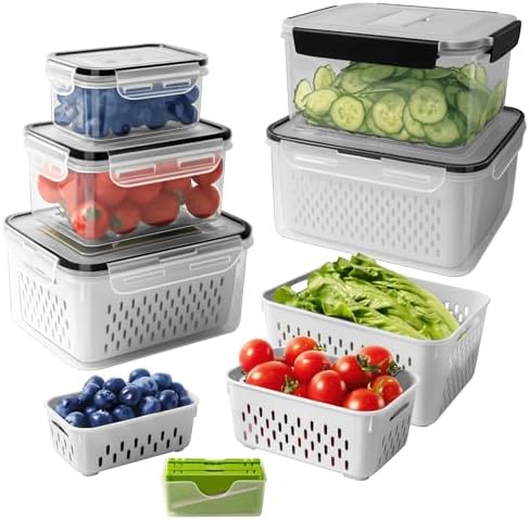 5 PCS Large Fruit storage Containers for Fridge with Colanders and Choppers