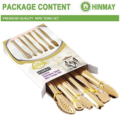 HINMAY Gold Plated Mini Serving Tongs Set 6-Inch Appetizers Tongs, Set of 6