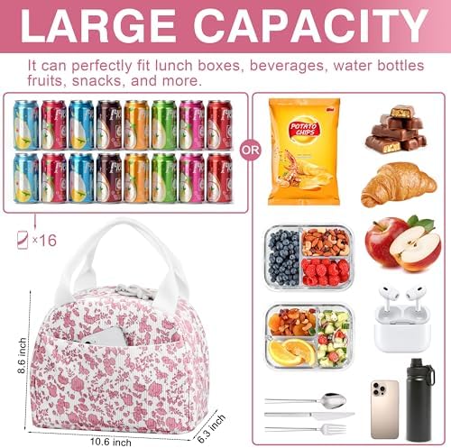 TESAFNG Lunch Bag - Insulated Lunch Box for Women, Reusable Large Capacity Cooler Bag for Adult, Small Leakproof Cute Corduroy Lunch Tote for Work Office Travel Picnic (Corduroy Rose Red-Flower)