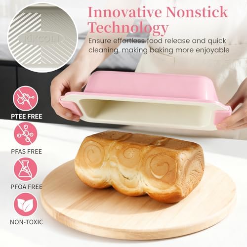 Kikcoin 25-Piece Nonstick Baking Pans Set with Large Turkey Roasting Pan, Stackable Bakeware Set, 450°F Oven Safe Baking Sheet Set with Silicone Handles, Carbon Steel Cookie Sheets for Baking, Pink