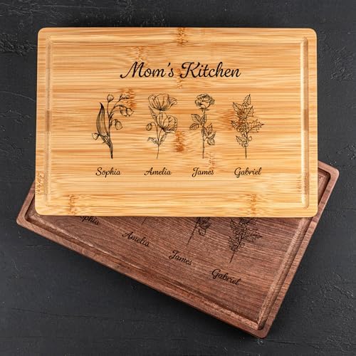 Personalized Cutting Board for Mom or Grandma – Birth Flower Garden Design, Custom Gift for Mother’s Day, Wedding, Birthday, Bridal Shower from Daughter or Son – Valentines Day Gifts