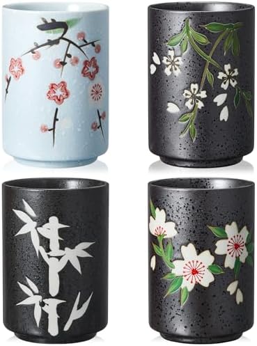 Qinyoung 4 Pcs Japanese Tea Cups Ceramic 10 oz No Handle, Flower， Bamboo