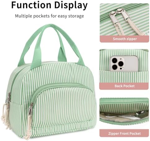 Lunch Bag Women Lunch Box for Women Adult Cute Insulated Lunch Bag Small Cooler Lunch Tote Bags for Work Picnic Travel (Green Stripes)