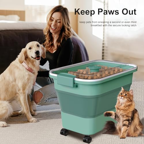 Dog Food Storage Container, 15-23 Lbs Collapsible Dog Food Container with Transparent Airtight Lid, Wheels and Scoop, Travel Pet Food Storage Container for Cat, Dog and Bird, Keep Dry Food Fresh