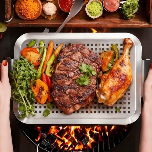 Grill Pan Set of 2, Grill Topper for Outdoor Grill, Stainless Steel Roasting Basket with Handles, Perforated Grill Tray for Smoker Roasting, Oven, BBQ Accessories(2 Small)