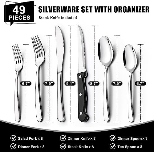 49-Piece Silverware Set with Organizer, Heavy Duty Stainless Steel Flatware Set for 8, Cutlery Utensil Sets with Steak Knives, Rust-proof, Mirror Polished, Dishwasher Safe, Heavy Duty