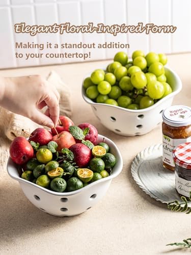 Gomakren Fruit Basket Set of 2, Berry Bowls with Holes Ceramic, Cream White
