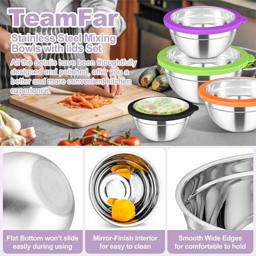 TeamFar Mixing Bowls Set, Stainless Steel Salad Bowl with Lids, Colorful