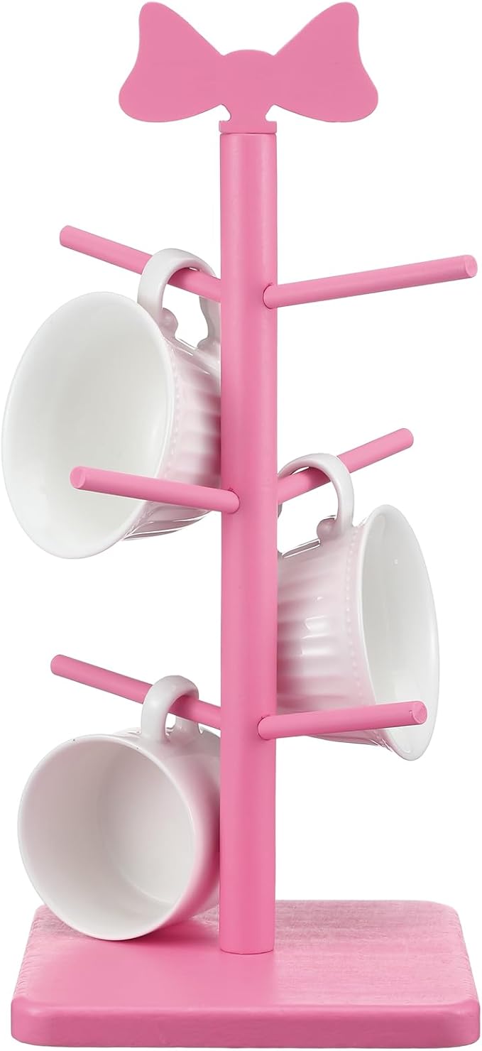 Pink Coffee Cup Holder Bow Mug Tree Pink Kitchen Coffee Bar Accessories Decorative Wooden Cup Holder with 6 Hooks Coquette Mug Rack Stand Cute Decor for Wedding Home Countertop Organizer