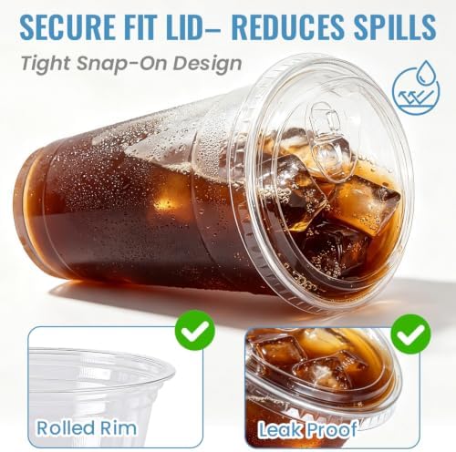 Ginkgo 100 Pack 24 oz Clear Plastic Cups with Strawless Sip Lids