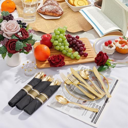 Supernal 120Pack Pre Rolled Black and Gold Plastic Silverware Set