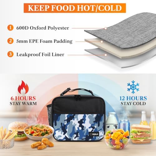 opux Insulated Lunch Bag for Kids, Reusable Lunch Box for School, Camo Blue