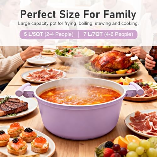 AIKENBBKK 5 Quart Stock Pot with Lid, Non Stick Cooking Pot, Ceramic Soup Pot Nonstick, Induction Cookware for Pasta,Soup,Spaghetti, Stay-Cool Handle, Suitable for All Stoves, PFAS-Free, Purple