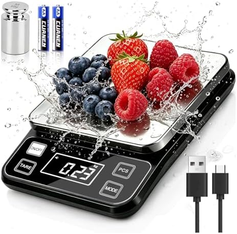 Digital Food Scale, 22lb Waterproof Kitchen Scale, 304 Stainless Steel Platform, Type-C Rechargeable & Backup Battery Mode, Gram Scale for Meal Prep, Coffee