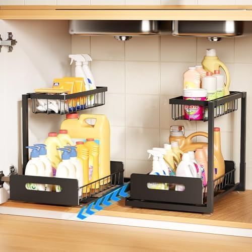 Under Kitchen Sink Organizer, Metal Pull Out Bathroom Organizers and Storage, 2-Tier Cabinet Organizer Shelf with Sliding Drawer, Home Organization for Kitchen, Laundry, Pantry, Black, 1 pack