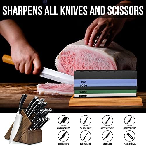 Whetstone Knife Sharpening Stone Set, Double-Sided Grit 400/1000 3000/8000