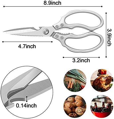 CGBE Kitchen Scissors, Multi-Purpose Kitchen Shears, Heavy Duty Dishwasher Safe Food Scissors for Chicken, Poultry, Fish, Meat & Herbs with Non-Slip Grips - Sliver