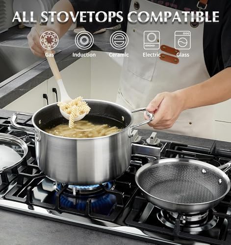 KOCH SYSTEME CS Stainless Steel Saucepan Set 6 Piece, 2QT+3QT+8QT Hybrid Nonstick Stainless Steel Pots Set, Triply Stainless Steel Pots, PFOA Free, Pot Sets Induction Compatible