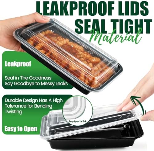 100 Pack (200-Piece) 16oz Meal Prep Containers with Lids Reusable Food Containers Leakproof & Microwave, Freezer, Dishwasher Safe Durable Plastic Storage Containers Bento Box for To Go Take Out Black