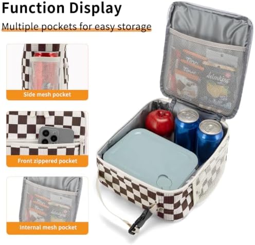 Lunch Box for Women Men Adult Insulated Lunch Bag Women Men Small Reusable Lunchbox for Work Picnic Travel (Coffee-White Plaid)