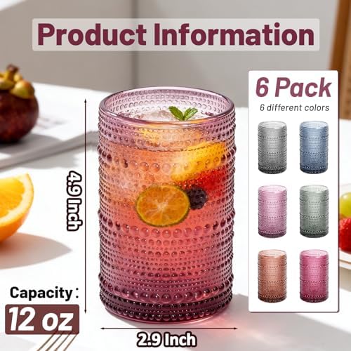 GGOLDMER Colored Hobnail Drinking Glasses Set of 6, 12oz Vintage Highball Glasses, Kitchen Glassware, Beaded Glass Cups for Iced Coffee, Cocktail, Beer, Juice, Cocktail, Whiskey, Milk