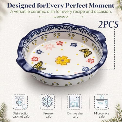 Uiifan Ceramic Casserole Dishes Vintage Pie Pan Bakeware Butterfly and Flower Pattern Plate Lasagna Pans Soup Bowl for Oven, Dishwasher and Microwave Safe(2 Pack,Round Style)