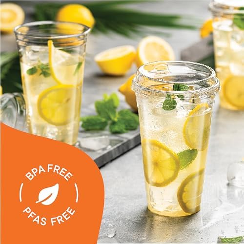 24 oz Clear Plastic Cups with Strawless Sip-Lids [50 Sets] PET Crystal Clear Disposable 16oz Plastic Cups with Lids - Crystal Clear, Durable Cup - BPA Free + Crack Resistant, for Coffee, Juice, Shakes