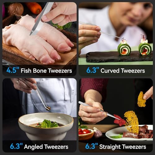 HOTEC Kitchen Tweezers Stainless Steel Cooking Tweezers 6 Pcs-6.3" and 12"