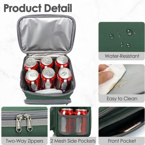 FlowFly Insulated Reusable Lunch Bag Adult Large Lunch Box for Women and Men with Adjustable Shoulder Strap,Front Zipper Pocket and Dual Large Mesh Side Pockets,ArmyGreen