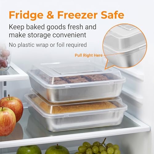 E-far 8 x 8-Inch Baking Pan with lid, Square Cake Brownie Baking Pans Stainless Steel Bakeware Set of 2, Non-toxic & Healthy, Easy Clean & Dishwasher Safe - 4 Pieces(2 Pans + 2 Lids)