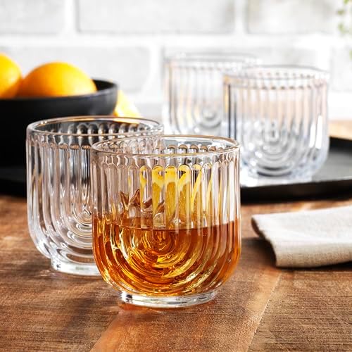 Glaver's 8-Piece Drinking Glass Set, Art Deco Ribbed Arch Glassware, Clear U-Shape Design, 17oz Highball and 11oz DOF Glasses Kitchen Glasses