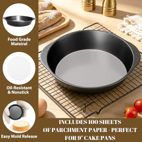 9 Inch Cake Pan Set, 3-Piece Carbon Steel Round Cake Pans with 100 Pre-Cut Parchment Paper Rounds, Nonstick Baking Pans for Layer Cakes, Pizza and Desserts