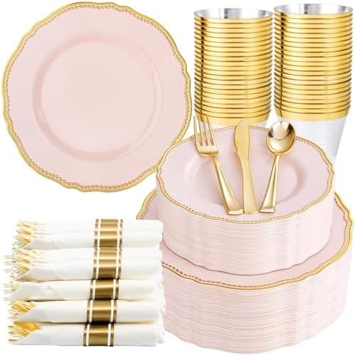 Hioasis 350 Pcs Pink and Gold Plastic Plates for Wedding & Party