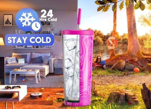 Meoky 24 oz Insulated Tumbler with Lid and Straw, Stainless Steel Vacuum Insulated Tumbler, Keeps Cold for 24 Hours, 100% Leak Proof, Fits in Car Cup Holder (Swirl)