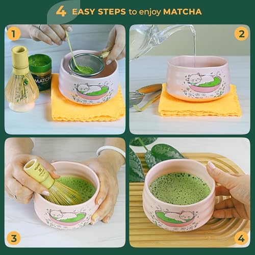 Aprika Life Matcha Whisk Set 6 Pcs - Ceramic Matcha Bowl, Bamboo Whisk, Matcha Whisk Holder, Scoop, Sifter & Tea Cloth - Traditional Handmade Matcha Set - Unfurl Pink with Cat print