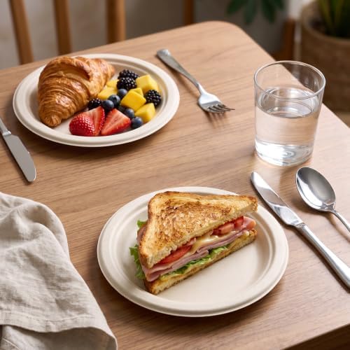 BESTVIP 6 Inch Compostable Sugarcane Paper Plates, Nature,300 Pack