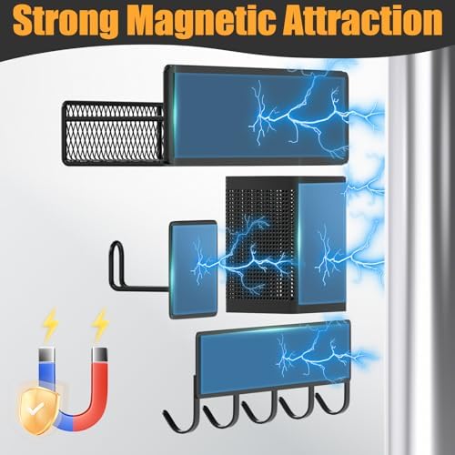 Magnetic Spice Rack for Refrigerator, 10 Pack 100% Metal Strong Magnet Shelf, Moveable Spice Organizer W/ Adjustable Paper Towel Holder, Hook Rack & Utensil Caddy, Home Kitchen Laundry Storage, Black