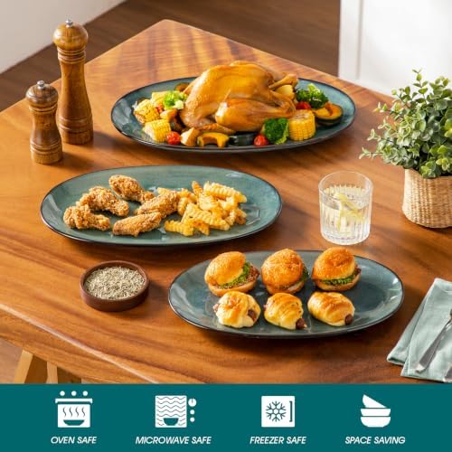 vancasso Ceramic Serving Platters Set of 3, Oval 16/14.7/13.5 Inch Stoneware Serving Dishes for Entertaining, Microwave Safe Serving Trays for Food, Turkey, Cheese, Party, Reactive Glaze Green
