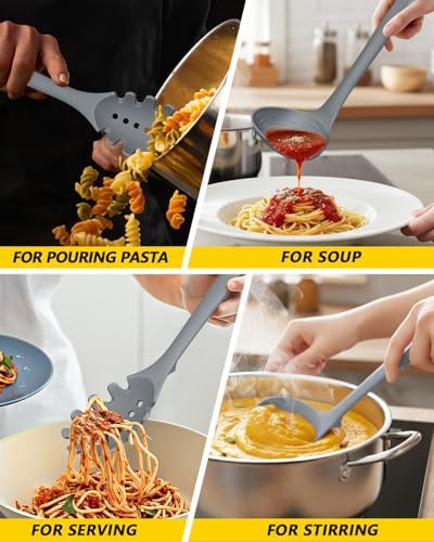 BUNDLEPRO Silicone Soup Ladle and Pasta Spoon Set, One-Piece, 2 Pack, Gray
