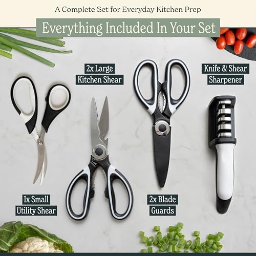 Heavy Duty Kitchen Shears With Sharpener - Lifetime Replacement Warranty* - Multipurpose Stainless Steel Scissors for Food - Sharp Food-Grade Kitchen Scissor for Meat, Seafood, Poultry - 4 Piece Set