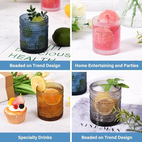 Cocktail Glasses 10 oz Hobnail Drinking Glasses Set of 6, Vintage Glassware, Textured Glass Cups Bubble Glasses Water Glasses Old Fashion Jupiter Glasses Set, Green