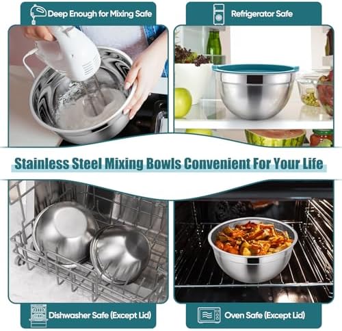 P&P CHEF Metal Mixing Bowls with Lids Set, Airtight Lids & Blue